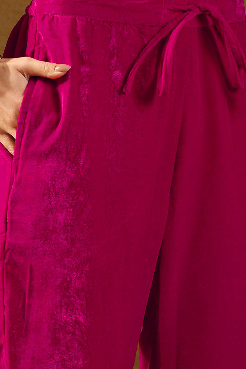 Pink Velvet Ethnic Motifs Printed Straight Trousers Suit Set PKSKD2885