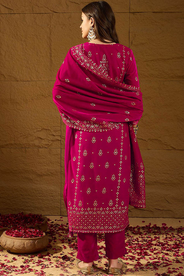 Pink Velvet Ethnic Motifs Printed Straight Trousers Suit Set PKSKD2885