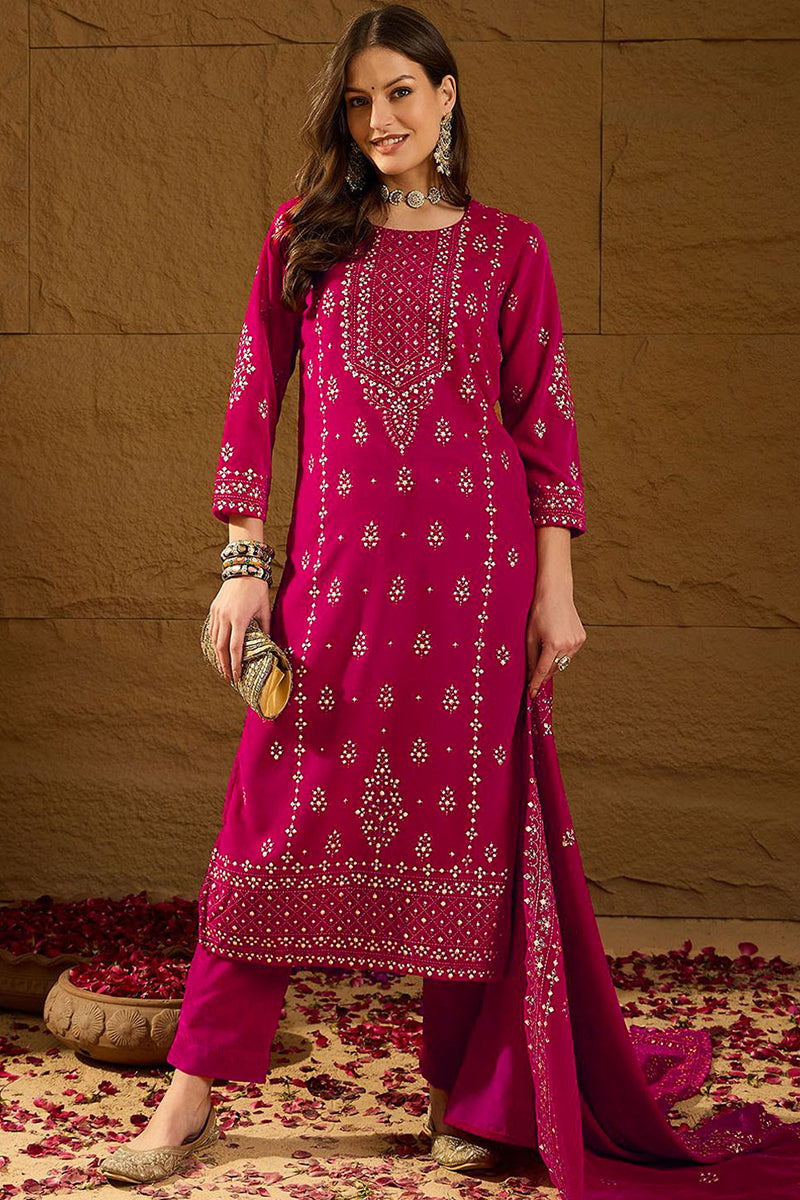 Pink Velvet Ethnic Motifs Printed Straight Trousers Suit Set PKSKD2885