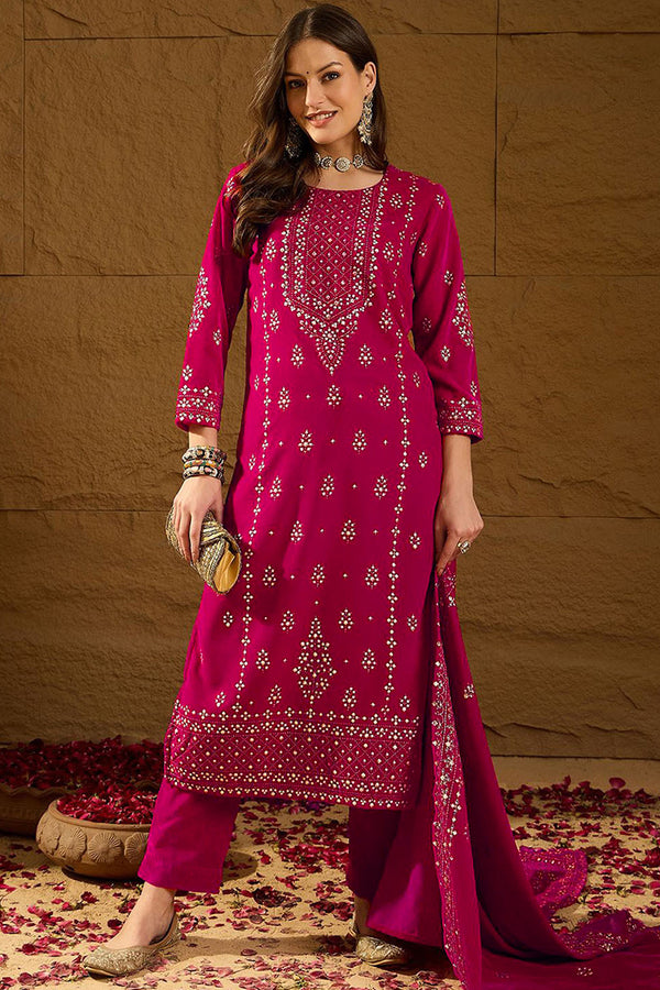 Pink Velvet Ethnic Motifs Printed Straight Trousers Suit Set PKSKD2885