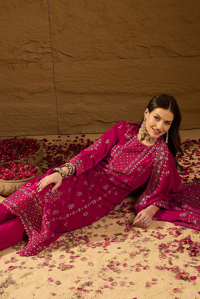 Pink Velvet Ethnic Motifs Printed Straight Trousers Suit Set PKSKD2885