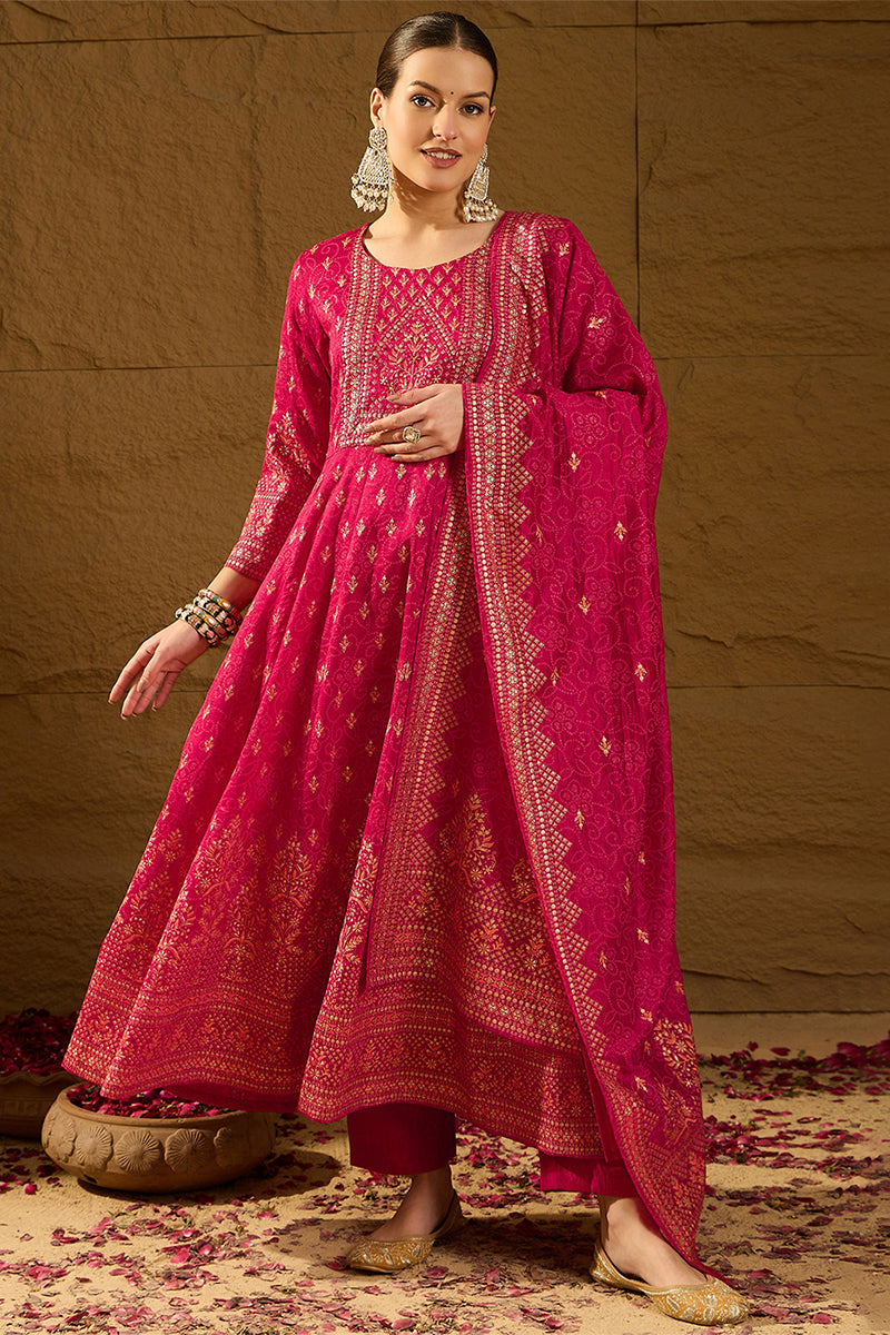 Red Silk Blend Ethnic Motifs Woven Design Anarkali Kurta Trousers With Dupatta PKSKD2894