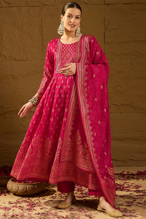 Red Silk Blend Ethnic Motifs Woven Design Anarkali Kurta Trousers With Dupatta PKSKD2894