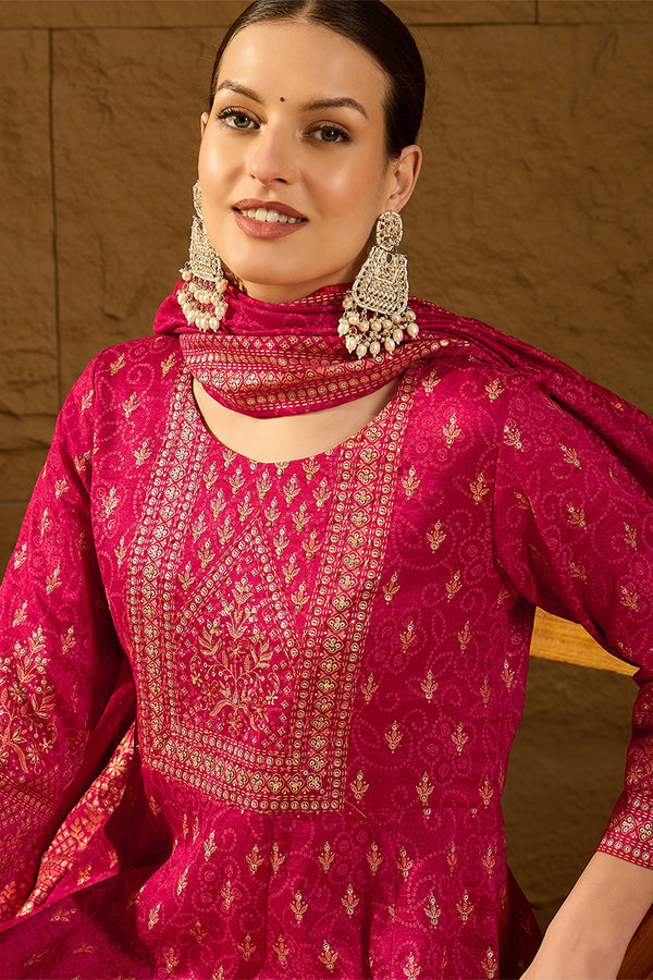 Red Silk Blend Ethnic Motifs Woven Design Anarkali Kurta Trousers With Dupatta PKSKD2894