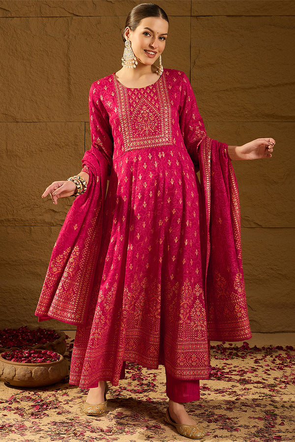 Red Silk Blend Ethnic Motifs Woven Design Anarkali Kurta Trousers With Dupatta PKSKD2894