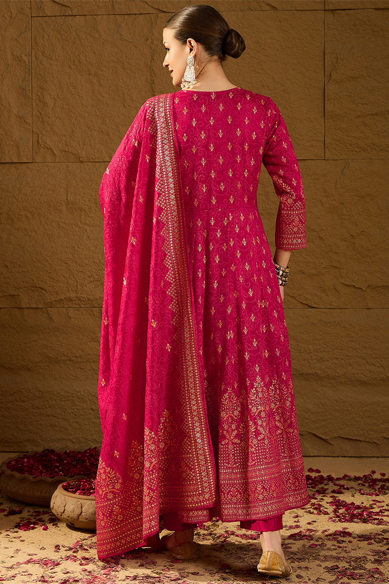 Red Silk Blend Ethnic Motifs Woven Design Anarkali Kurta Trousers With Dupatta PKSKD2894