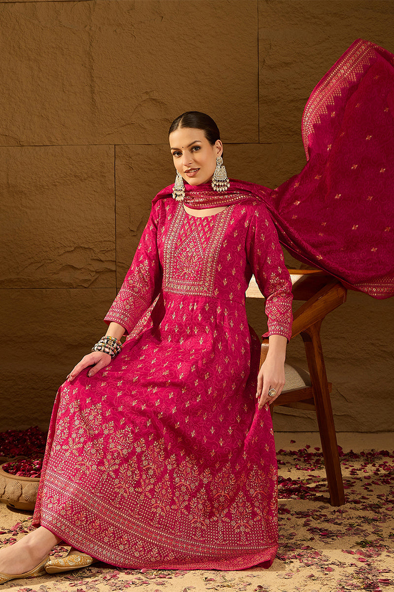 Red Silk Blend Ethnic Motifs Woven Design Anarkali Kurta Trousers With Dupatta PKSKD2894