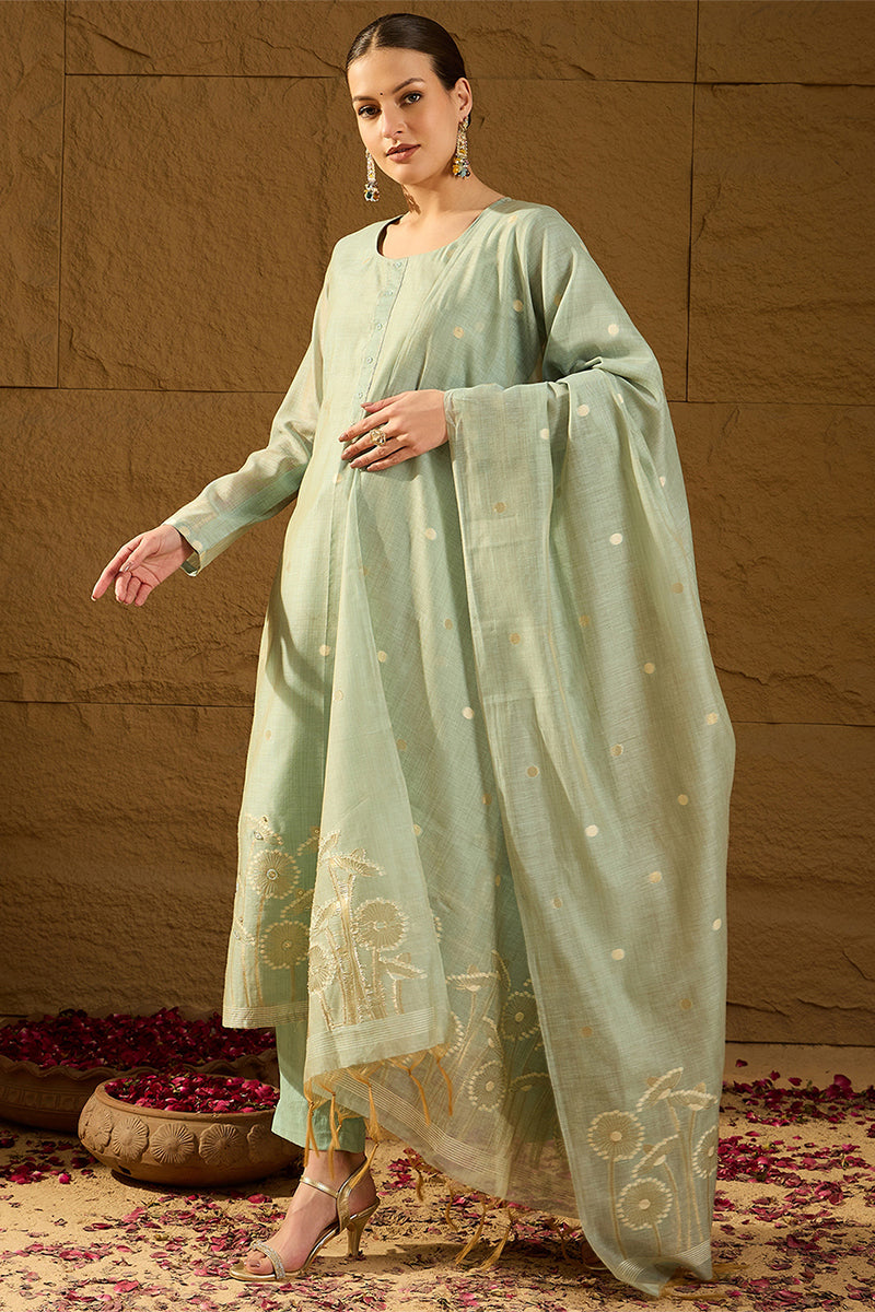 Blue Chanderi Solid Woven Design Straight Kurta Trousers With Dupatta PKSKD2905