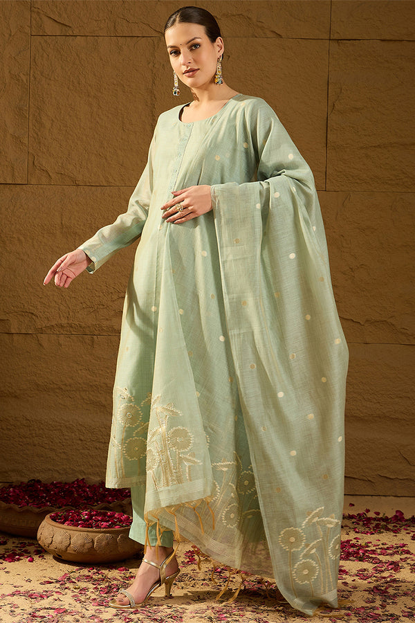 Blue Chanderi Solid Woven Design Straight Kurta Trousers With Dupatta PKSKD2905