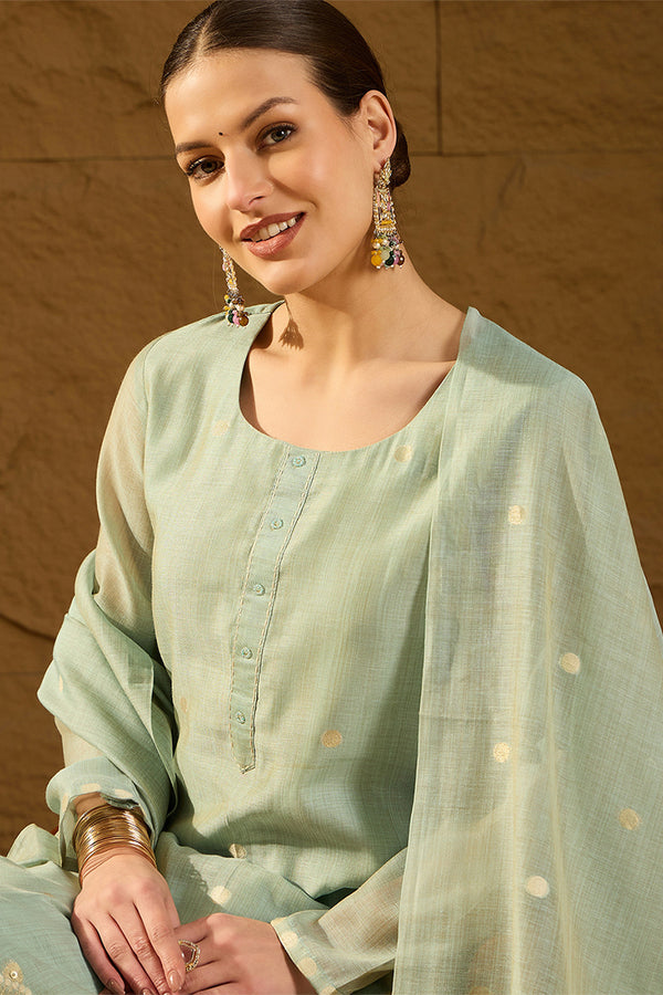 Blue Chanderi Solid Woven Design Straight Kurta Trousers With Dupatta PKSKD2905