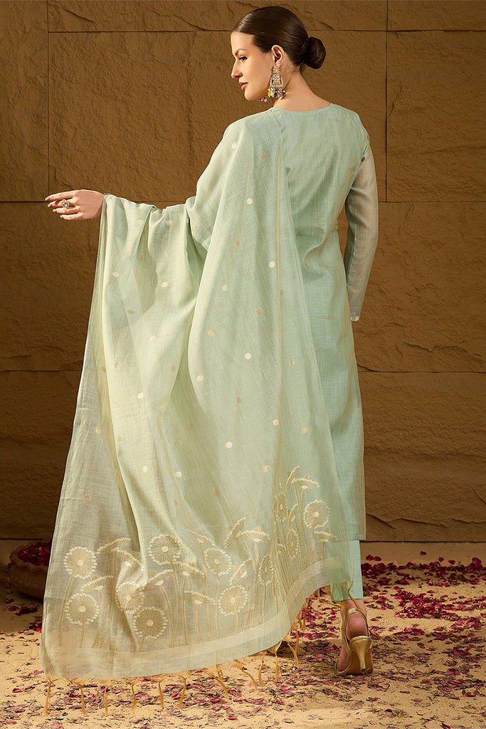 Blue Chanderi Solid Woven Design Straight Kurta Trousers With Dupatta PKSKD2905