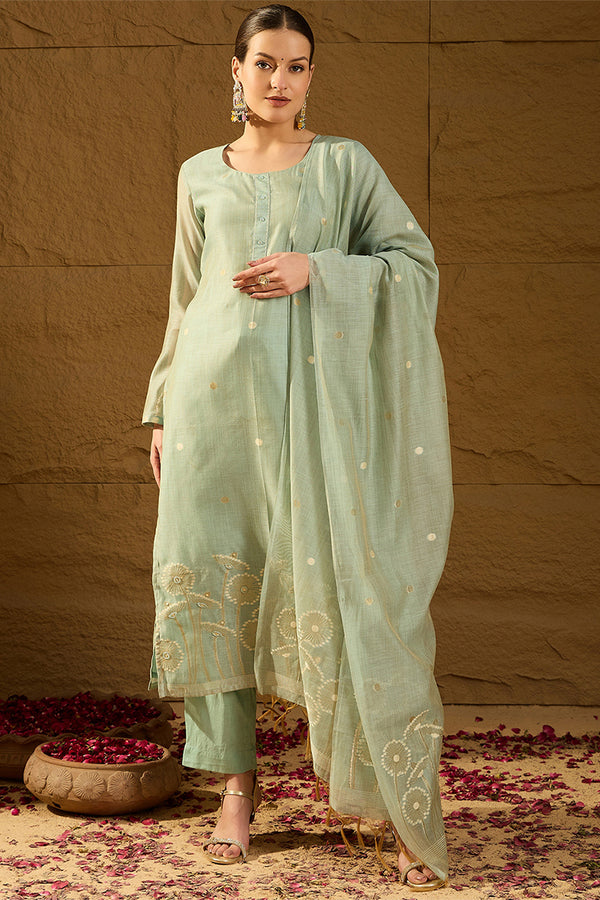 Blue Chanderi Solid Woven Design Straight Kurta Trousers With Dupatta PKSKD2905