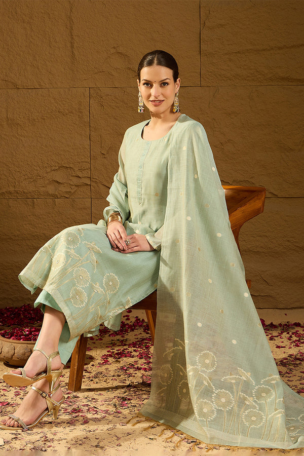 Blue Chanderi Solid Woven Design Straight Kurta Trousers With Dupatta PKSKD2905