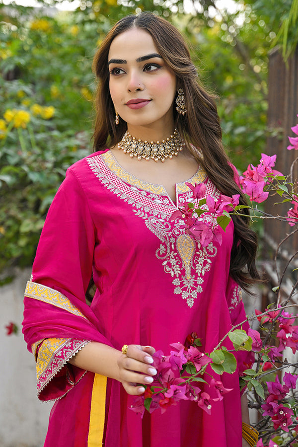 Pink Silk Blend Solid Embroidered Anarkali Kurta Salwar With Dupatta PKSKD2926