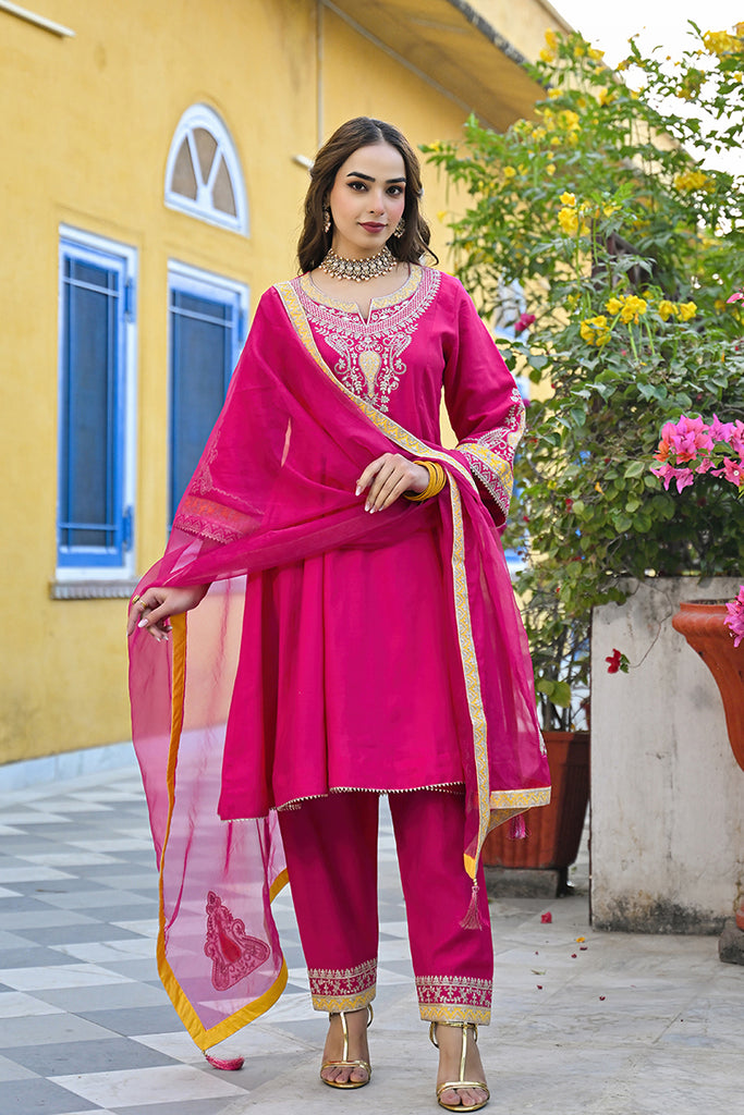 Pink Silk Blend Solid Embroidered Anarkali Kurta Salwar With Dupatta PKSKD2926