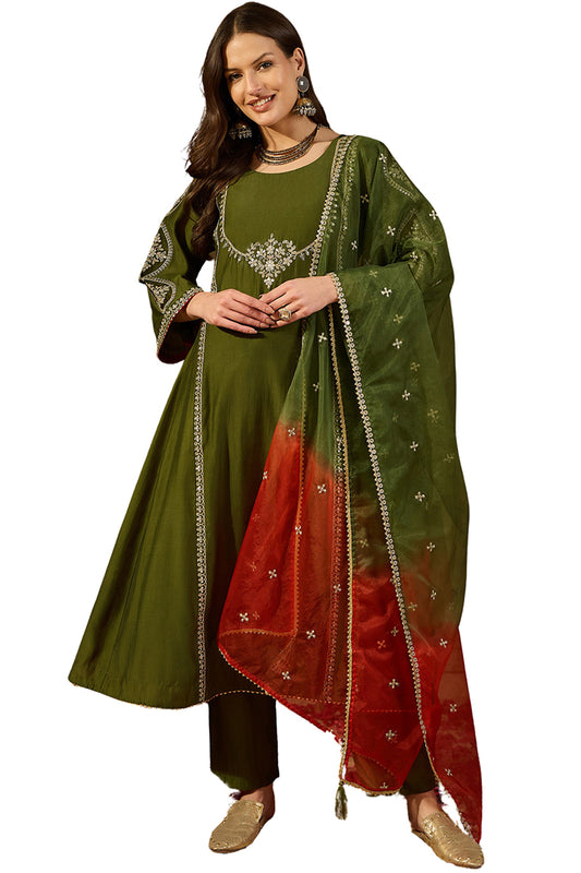 Green Silk Blend Embroidered A-Line Suit Set PKSKD2927
