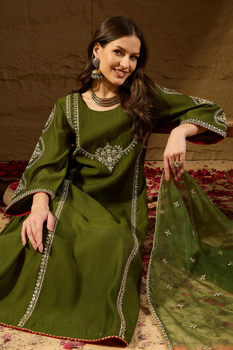 Green Silk Blend Embroidered A-Line Suit Set PKSKD2927