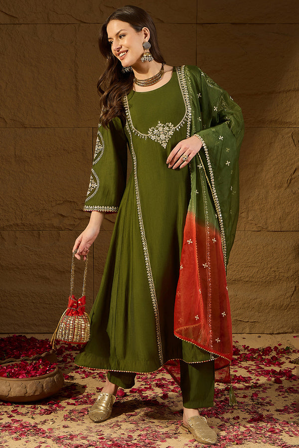 Green Silk Blend Embroidered A-Line Suit Set PKSKD2927