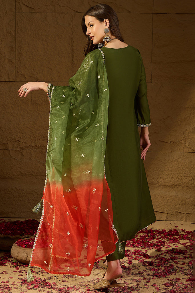 Green Silk Blend Embroidered A-Line Suit Set PKSKD2927