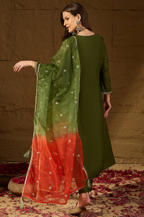 Green Silk Blend Embroidered A-Line Suit Set PKSKD2927