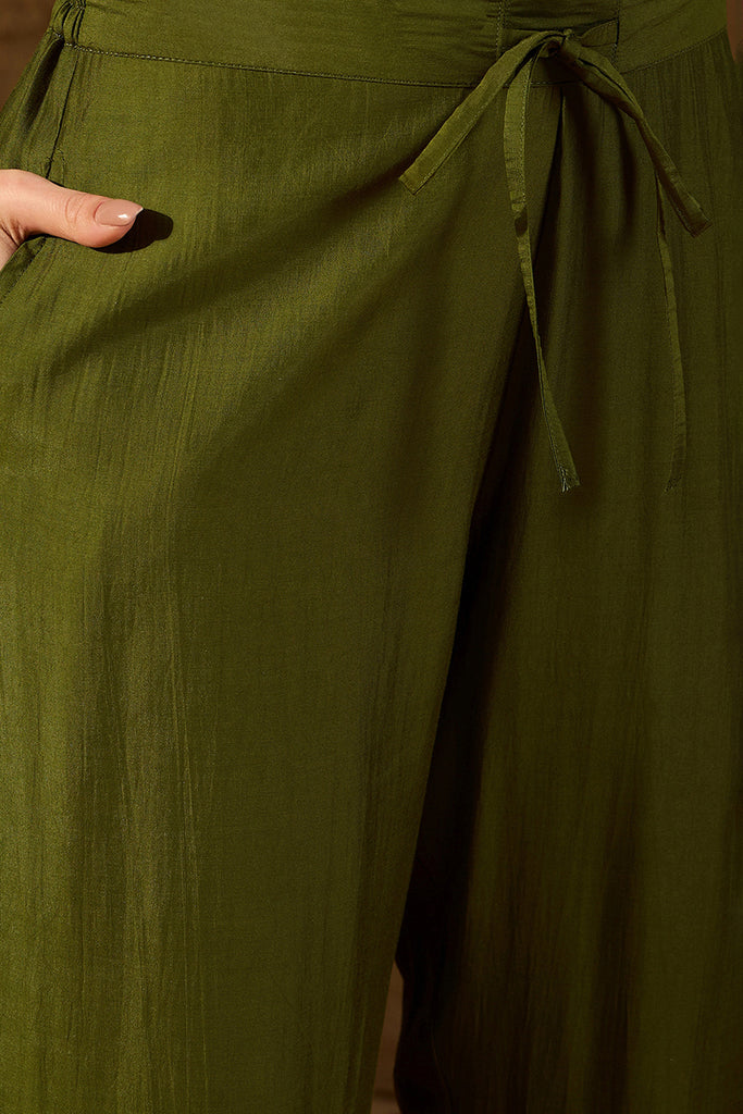 Green Silk Blend Embroidered A-Line Suit Set PKSKD2927