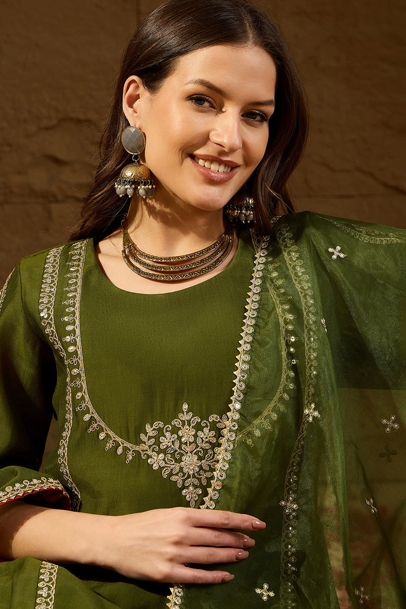 Green Silk Blend Embroidered A-Line Suit Set PKSKD2927