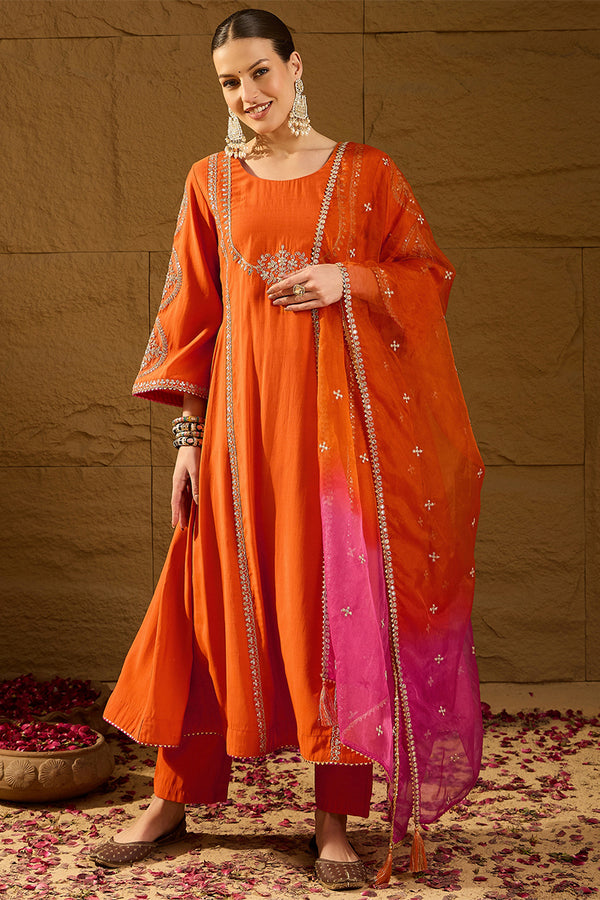 Orange Silk Blend Embroidered A-Line Kurta Trousers With Dupatta HOPPKSKD2928