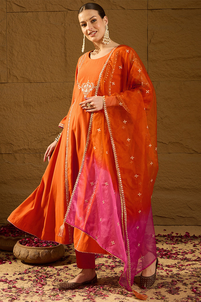 Orange Silk Blend Embroidered A-Line Kurta Trousers With Dupatta HOPPKSKD2928