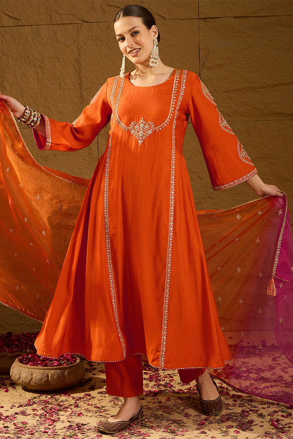 Orange Silk Blend Embroidered A-Line Kurta Trousers With Dupatta HOPPKSKD2928