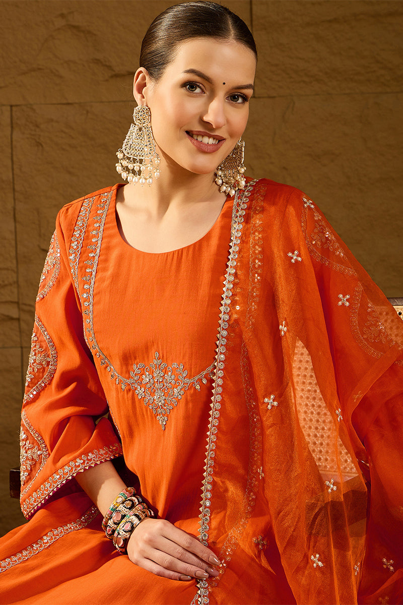 Orange Silk Blend Embroidered A-Line Kurta Trousers With Dupatta HOPPKSKD2928