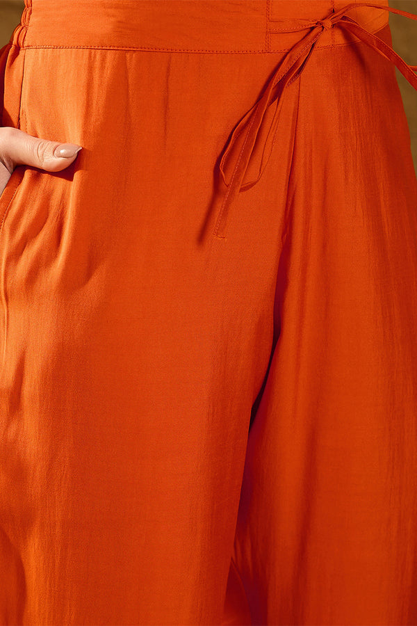 Orange Silk Blend Embroidered A-Line Kurta Trousers With Dupatta HOPPKSKD2928
