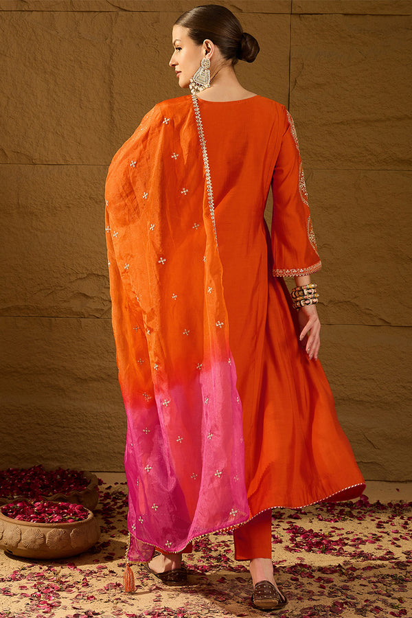 Orange Silk Blend Embroidered A-Line Kurta Trousers With Dupatta HOPPKSKD2928