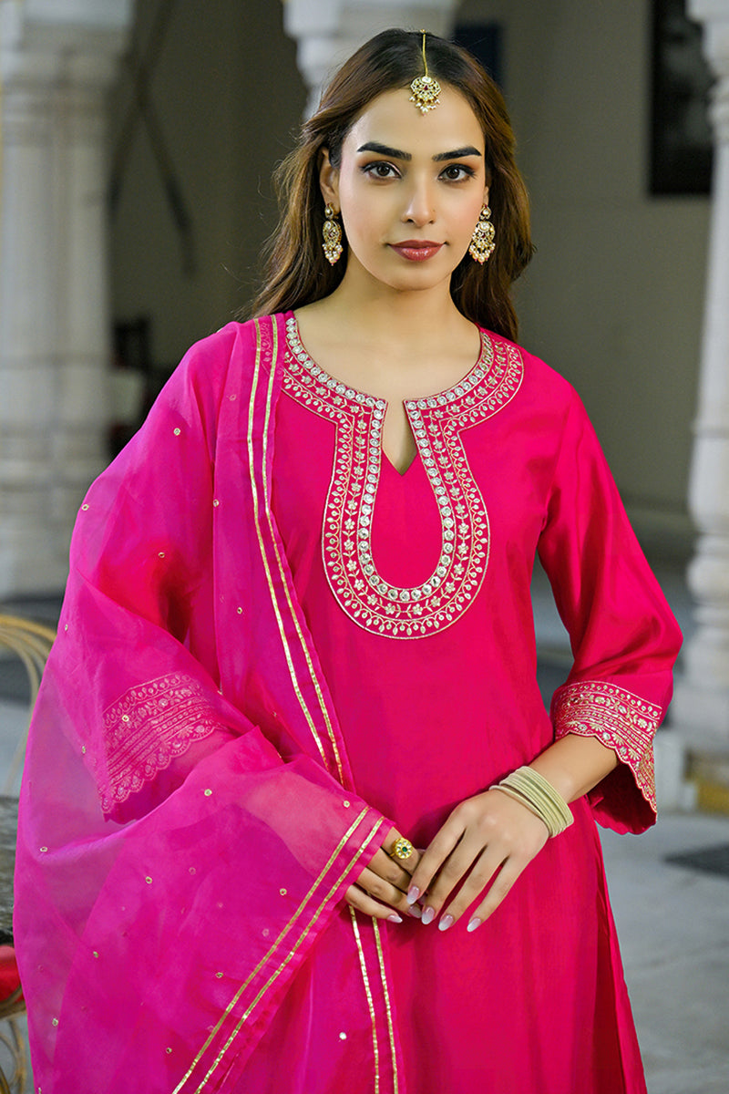 Pink Silk Blend Embroidered A-Line Kurta Trouser With Dupatta HOPPKSKD2931