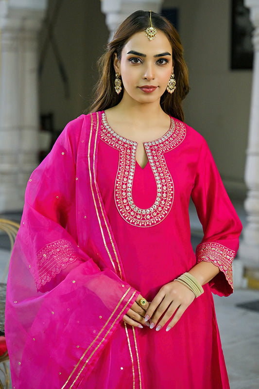 Pink Silk Blend Embroidered A-Line Kurta Trouser With Dupatta HOPPKSKD2931