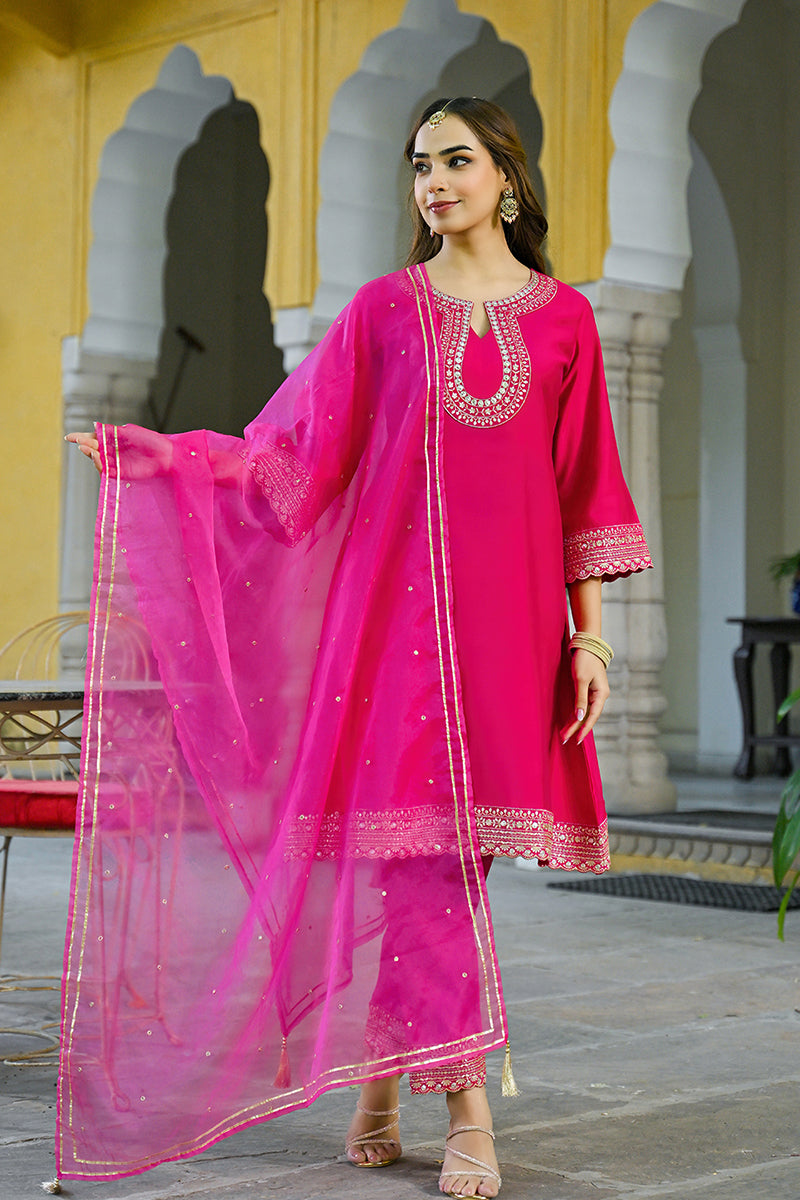 Pink Silk Blend Embroidered A-Line Kurta Trouser With Dupatta HOPPKSKD2931