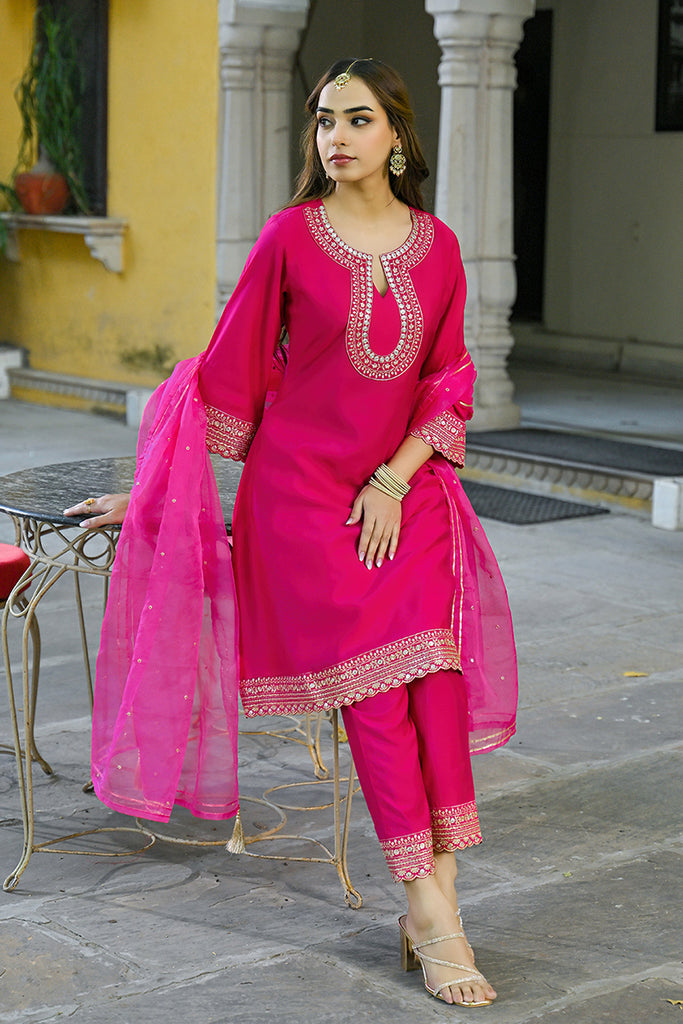 Pink Silk Blend Embroidered A-Line Kurta Trouser With Dupatta HOPPKSKD2931
