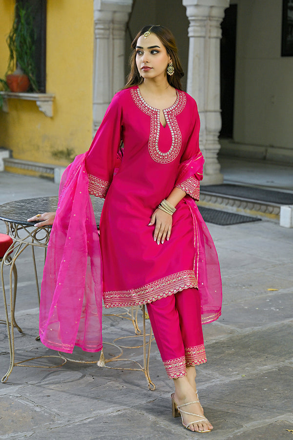 Pink Silk Blend Embroidered A-Line Kurta Trouser With Dupatta HOPPKSKD2931