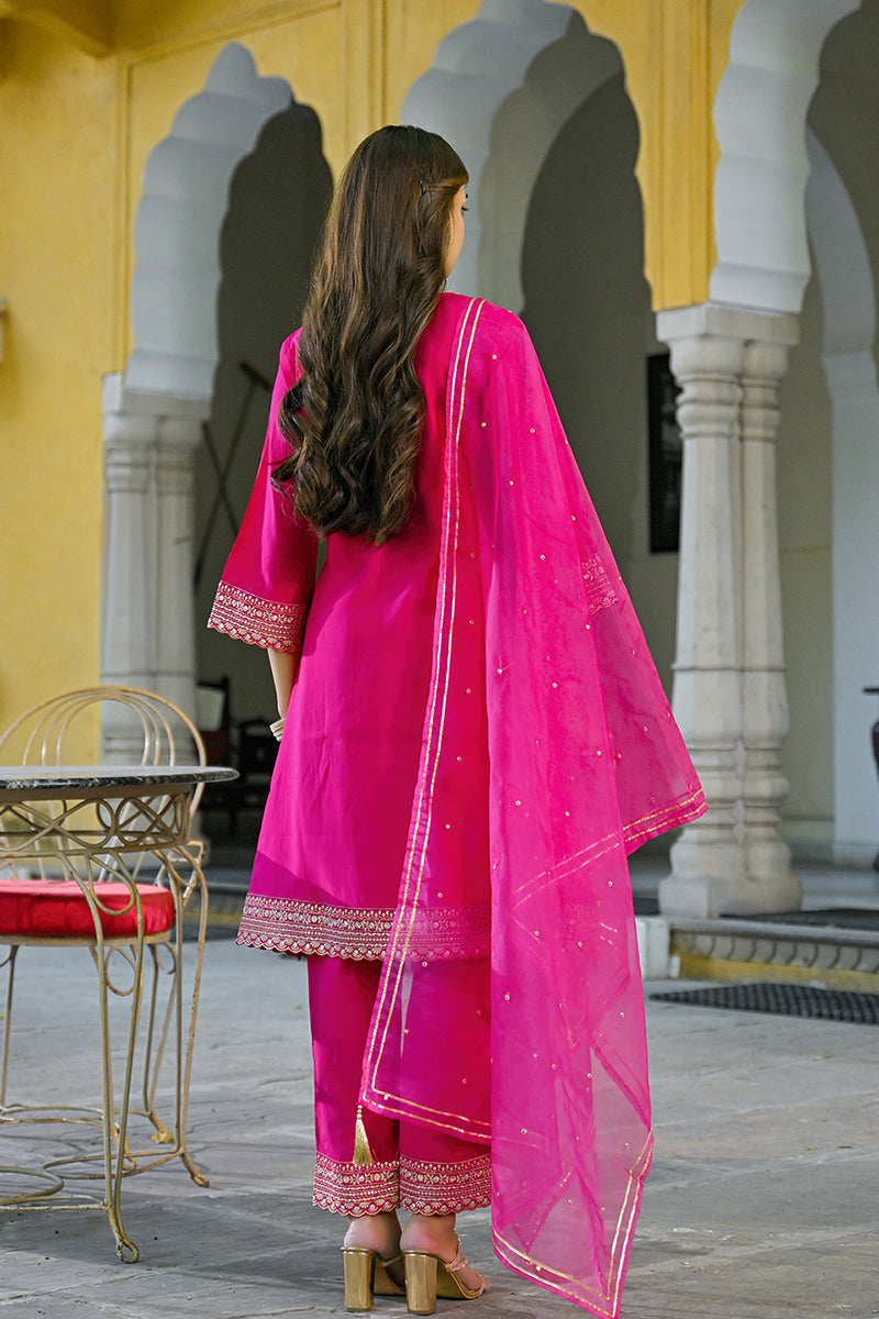 Pink Silk Blend Embroidered A-Line Kurta Trouser With Dupatta HOPPKSKD2931