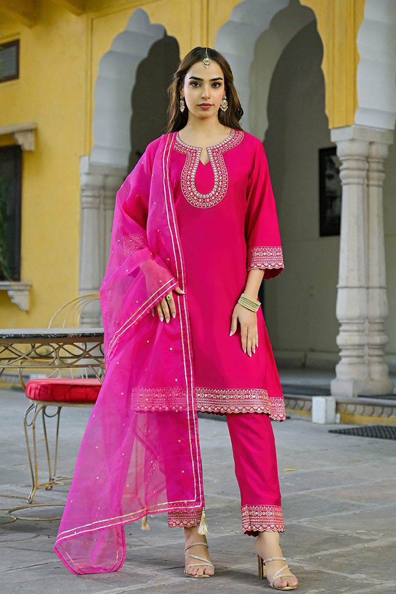 Pink Silk Blend Embroidered A-Line Kurta Trouser With Dupatta HOPPKSKD2931