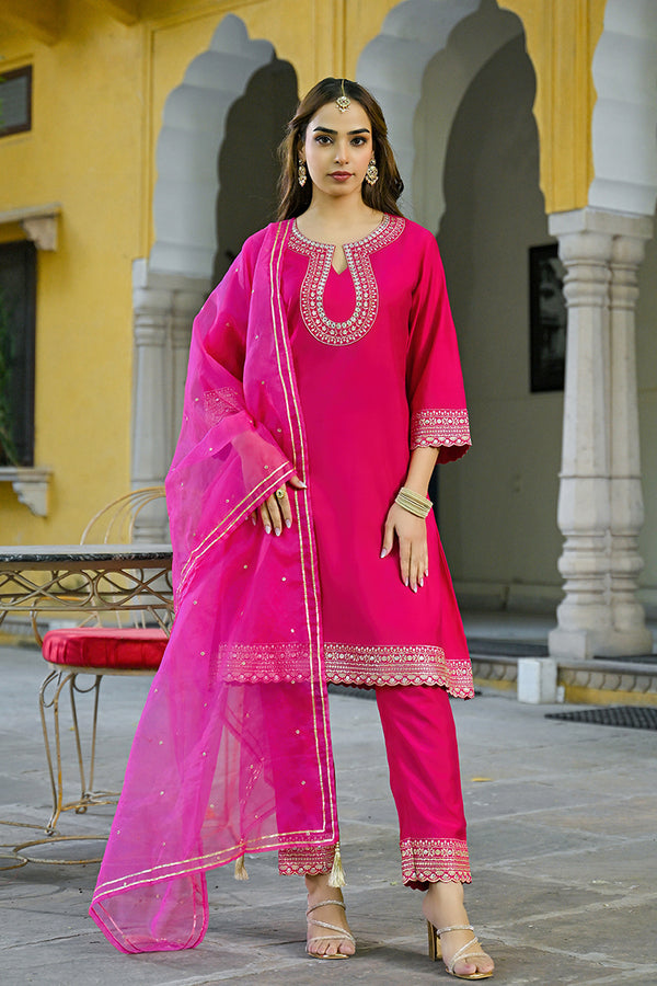 Pink Silk Blend Embroidered A-Line Kurta Trouser With Dupatta HOPPKSKD2931