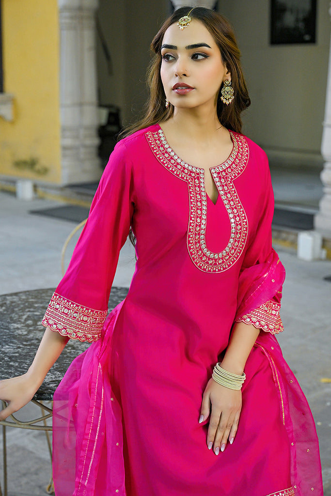 Pink Silk Blend Embroidered A-Line Kurta Trouser With Dupatta HOPPKSKD2931