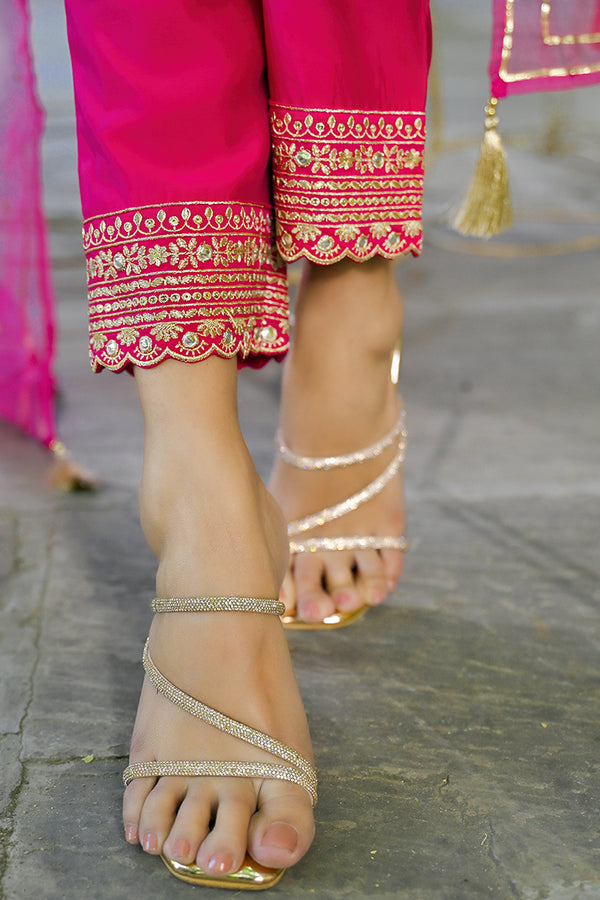 Pink Silk Blend Embroidered A-Line Kurta Trouser With Dupatta HOPPKSKD2931