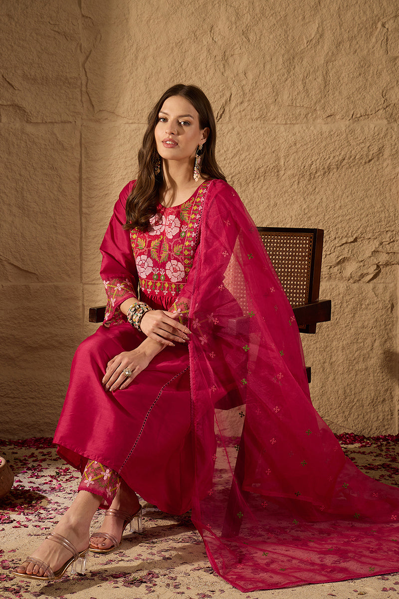 Pink Silk Blend Embroidered A-Line Kurta Trousers With Dupatta HOPPKSKD2934