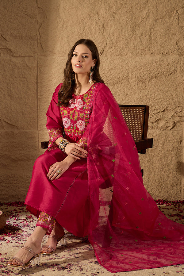 Pink Silk Blend Embroidered A-Line Kurta Trousers With Dupatta HOPPKSKD2934