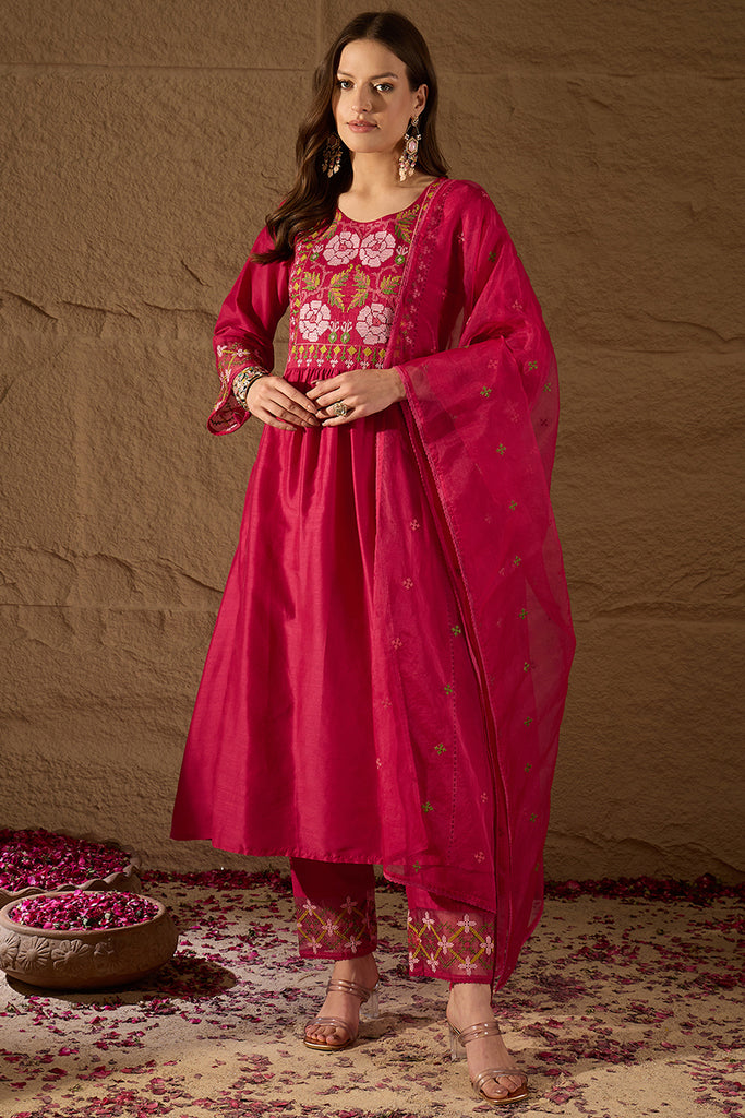 Pink Silk Blend Embroidered A-Line Kurta Trousers With Dupatta HOPPKSKD2934