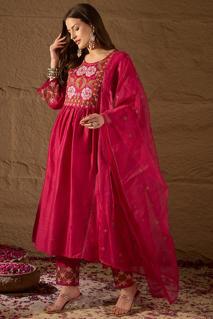 Pink Silk Blend Embroidered A-Line Kurta Trousers With Dupatta HOPPKSKD2934