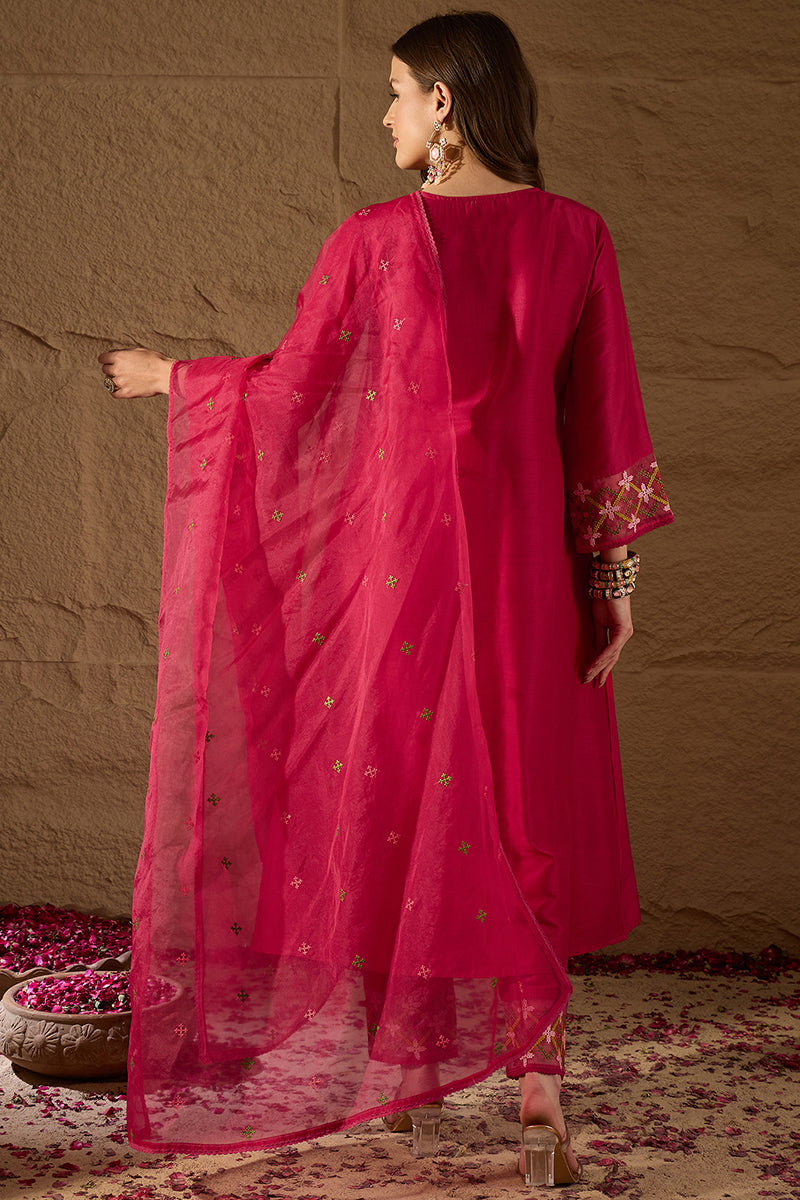Pink Silk Blend Embroidered A-Line Kurta Trousers With Dupatta HOPPKSKD2934