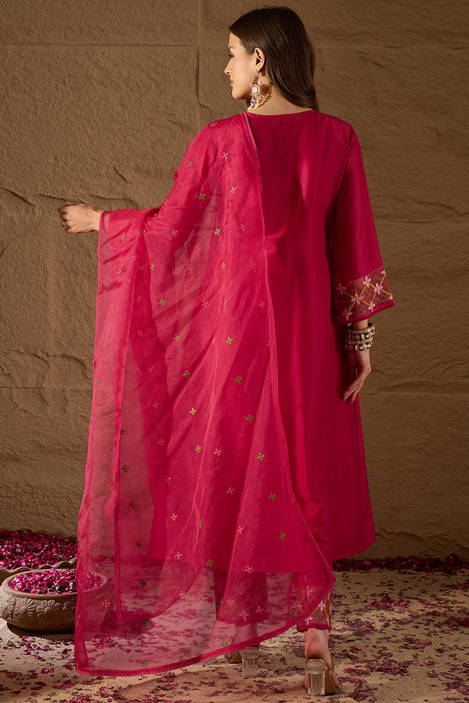 Pink Silk Blend Embroidered A-Line Kurta Trousers With Dupatta HOPPKSKD2934