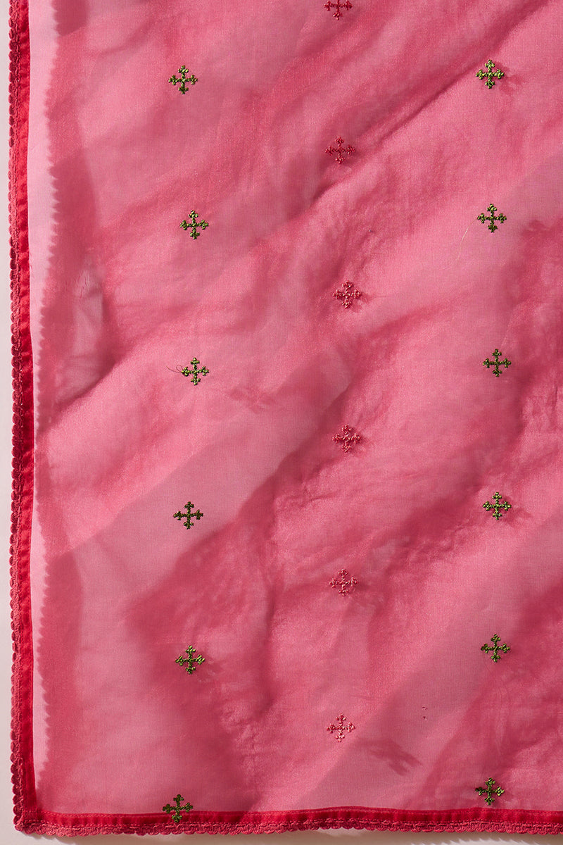 Pink Silk Blend Embroidered A-Line Kurta Trousers With Dupatta HOPPKSKD2934