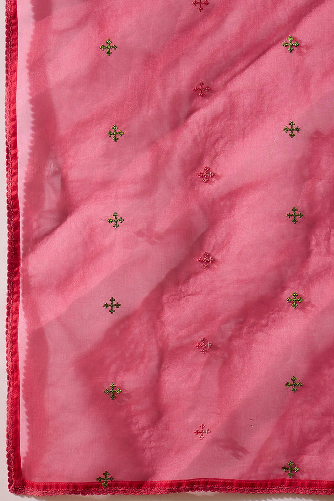 Pink Silk Blend Embroidered A-Line Kurta Trousers With Dupatta HOPPKSKD2934